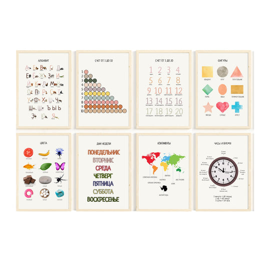 Set of 8 Russian Educational Posters, Alphabet Posters, Homeschool Prints, Montessori Classroom Decor, Playroom Decor *FRAME NOT INCLUDED