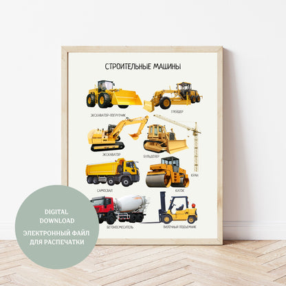 Обучающий плакат "Строительные машины", Construction Vehicles, Educational Poster in Russian, Montessori Printable Learning Poster, Kids =