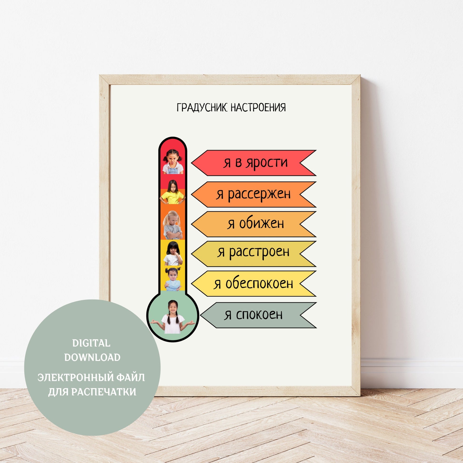 Обучающий плакат "Градусник настроения" | Mood Meter Educational Poster in Russian, Montessori Learning Poster, Printable for Kids