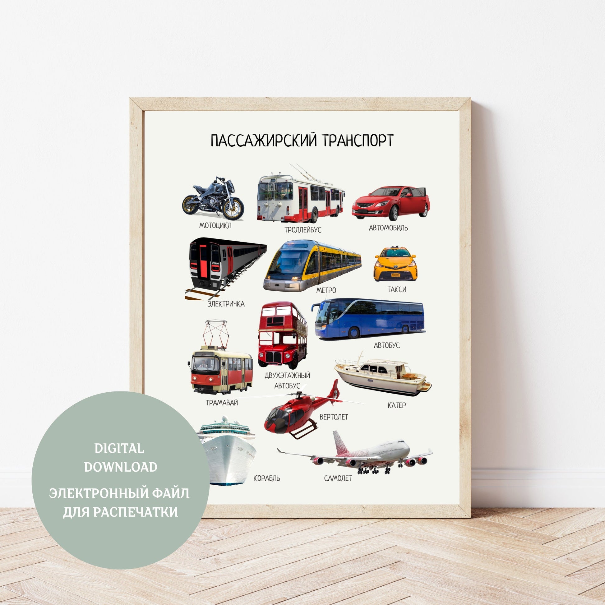 Обучающий плакат "Пассажирский транспорт" |Passenger Transport Vehicles, Educational Poster in Russian, Montessori Printable Learning Poster