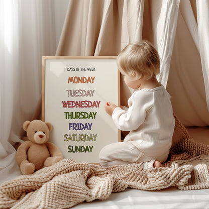 Days of the Week Poster, Montessori Kids Learning Poster, Educational Printable Wall Art