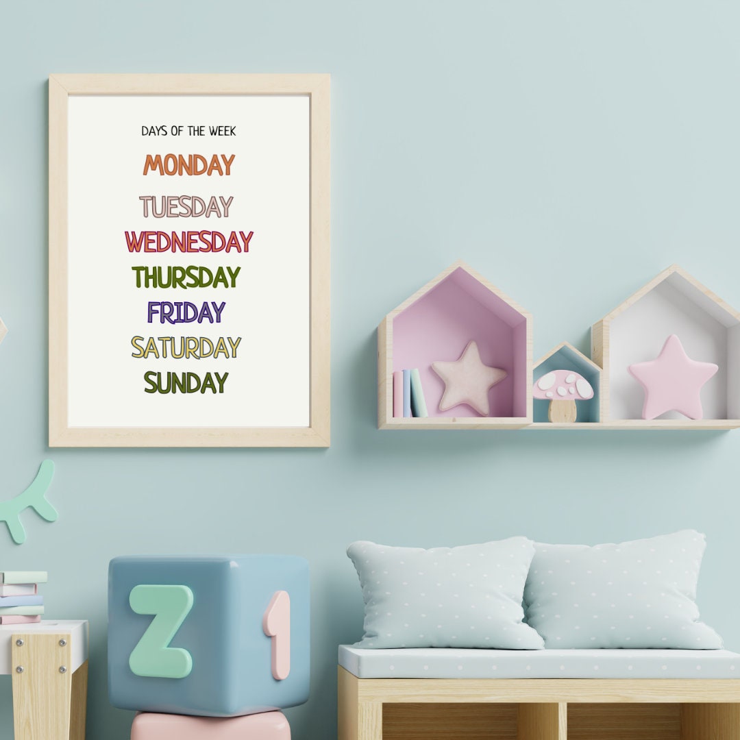 Days of the Week Poster, Montessori Kids Learning Poster, Educational Printable Wall Art