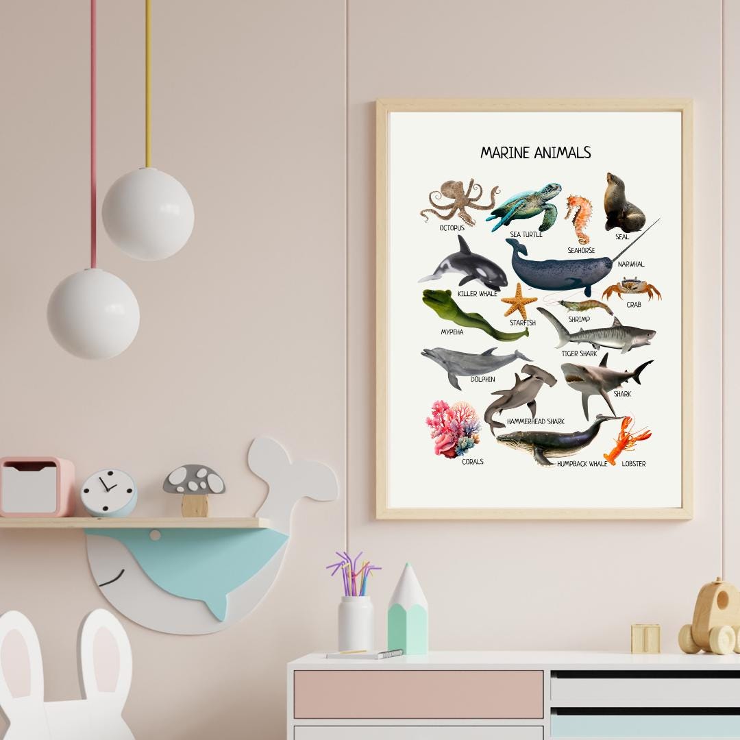 Marine Animals Poster, Under the Sea Print, Educational Ocean Species, Nursery Playroom Decor