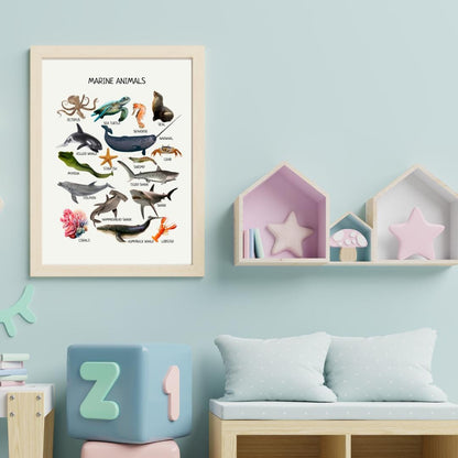 Marine Animals Poster, Under the Sea Print, Educational Ocean Species, Nursery Playroom Decor