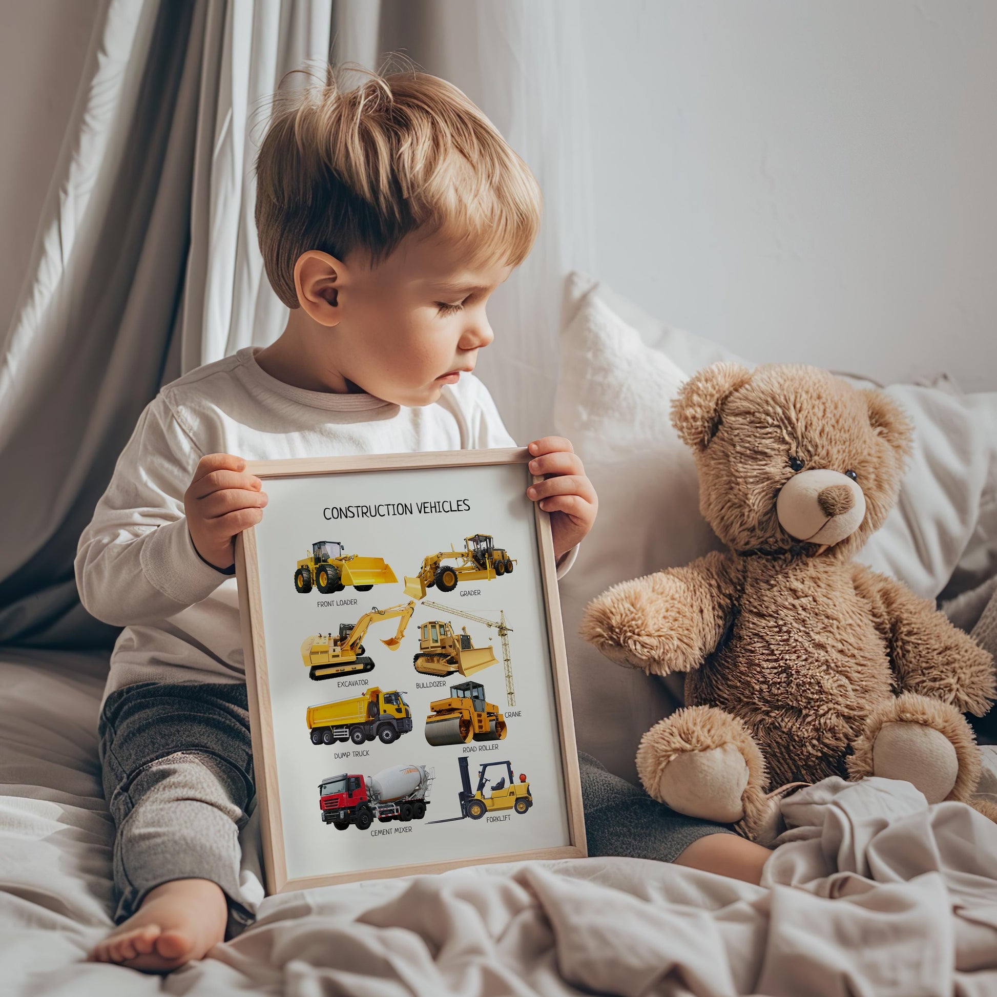 Construction Vehicles Poster, Toddler Playroom Decor, Trucks Name, Montessori Educational Posters