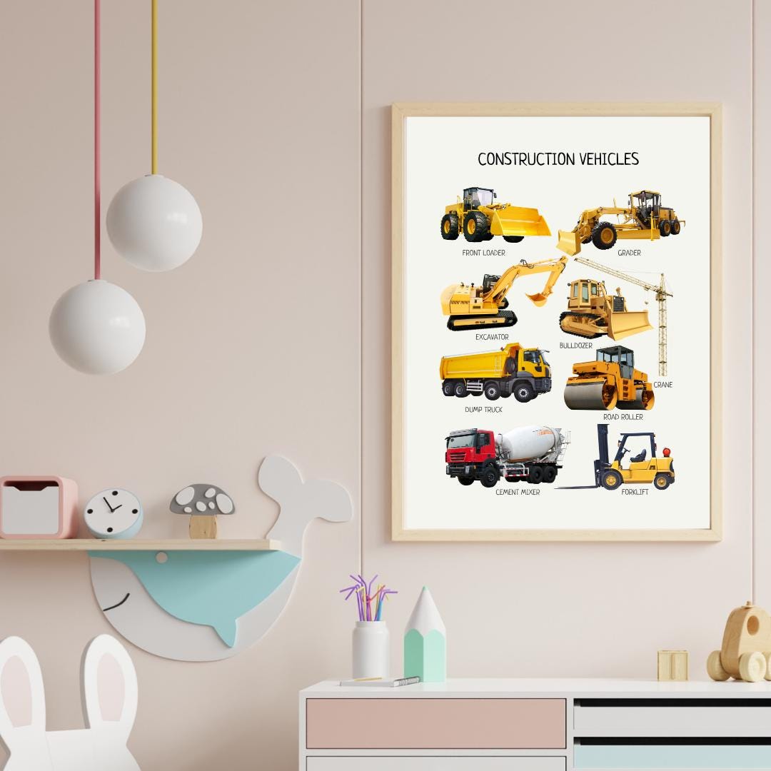 Construction Vehicles Poster, Toddler Playroom Decor, Trucks Name, Montessori Educational Posters