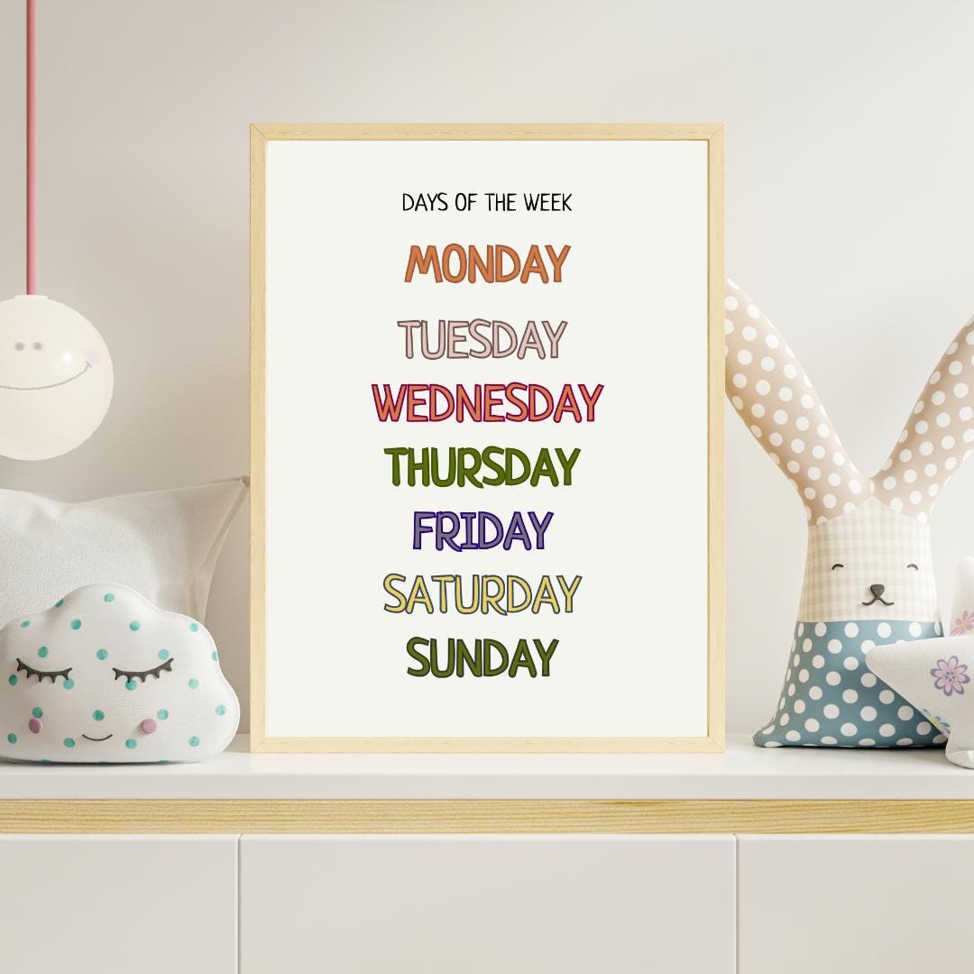 Days of The Week Educational Poster, Montessori Wall Art, Printable Poster, Classroom Decor