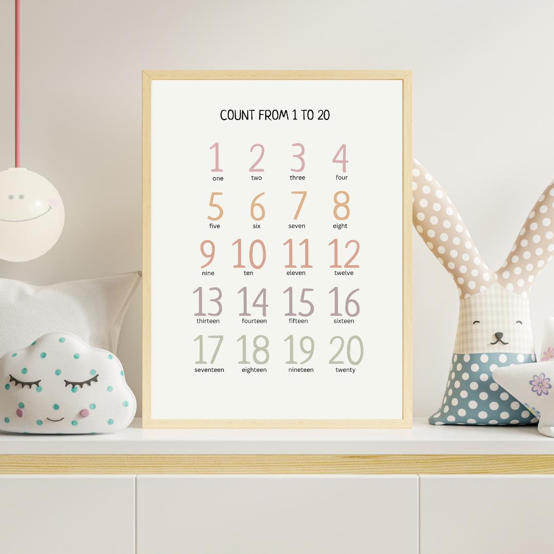 Count 1-20 Number Poster, Educational Montessori Wall Art, Printable Poster, Classroom Decor