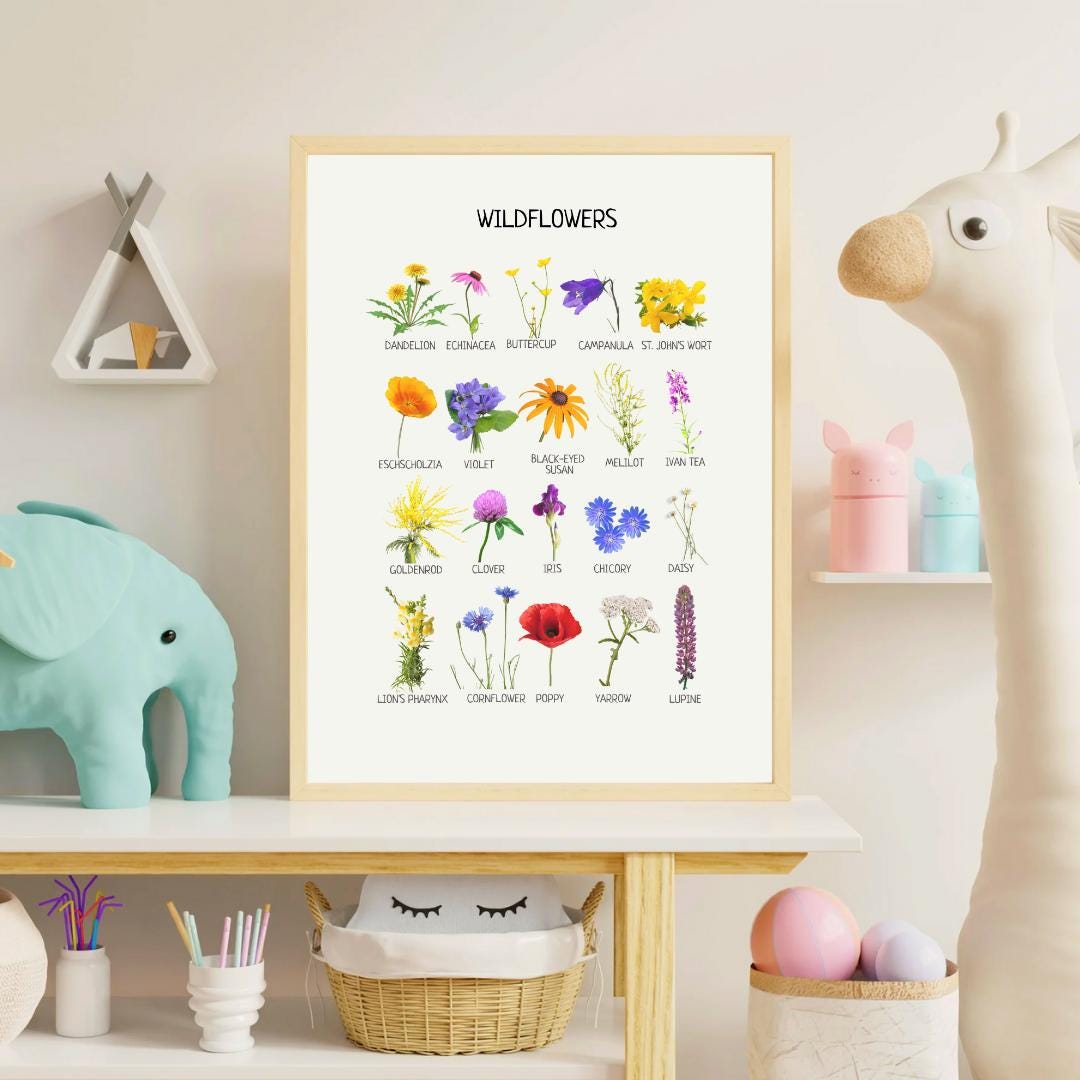 Wildflowers Educational Poster, Flowers Wall Art, Montessori Printable Poster