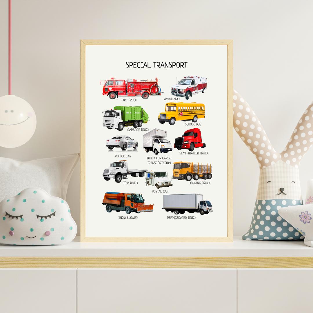 Special Transport Poster, Kids Vehicles Wall Art, Vehicles Print, Montessori Material, Classroom Decor