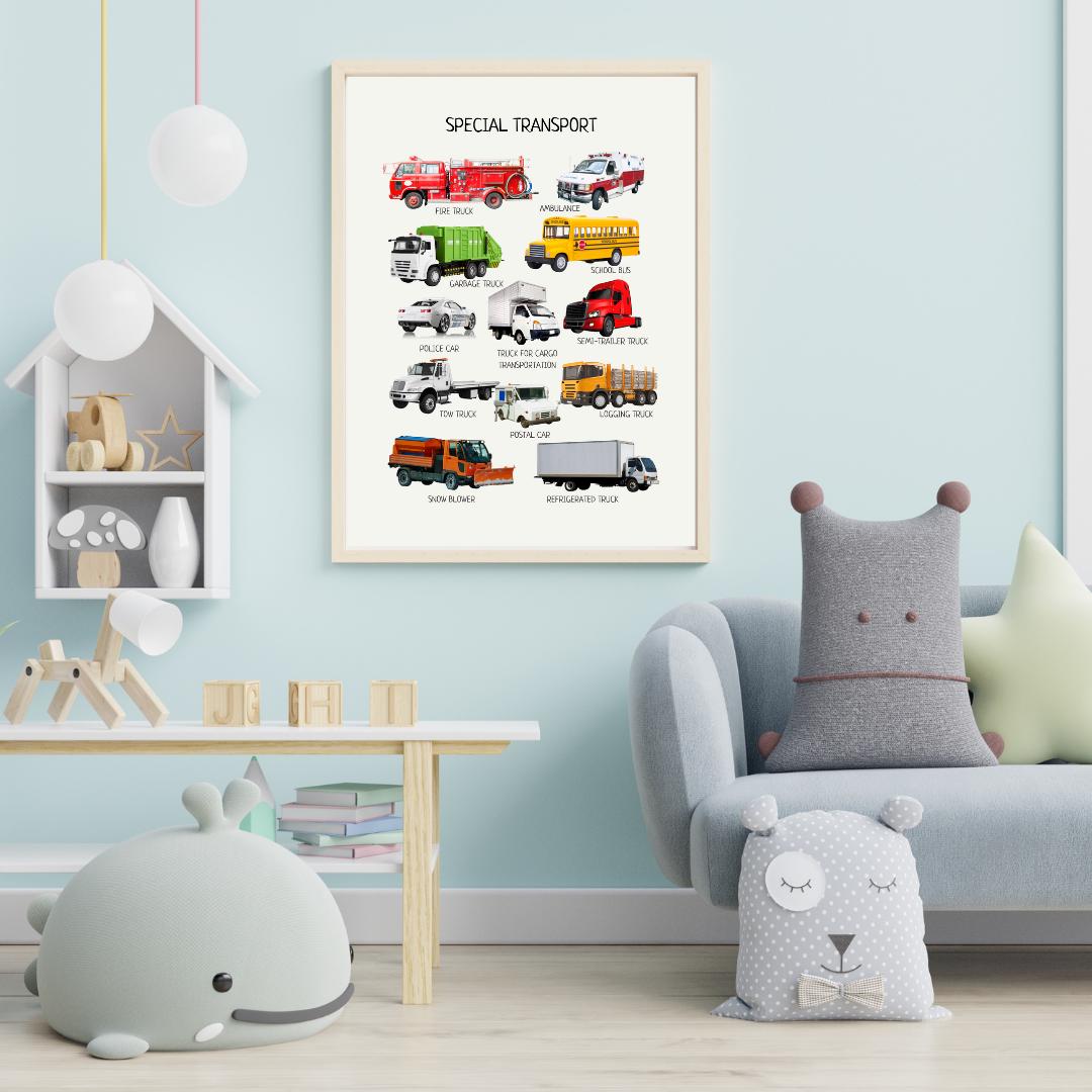 Special Transport Poster, Kids Vehicles Wall Art, Vehicles Print, Montessori Material, Classroom Decor