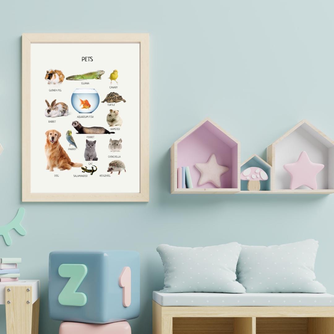 Pets Poster, Animals Wall Art, Montessori Material, Kids Wall Print Poster, Classroom Decor