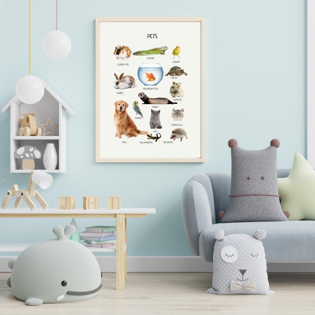 Pets Poster, Animals Wall Art, Montessori Material, Kids Wall Print Poster, Classroom Decor