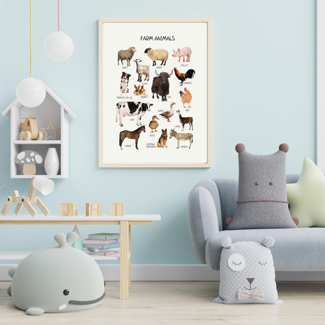 Farm Animals Educational Poster, Montessori Print, Domestic Animals, Classroom Decor