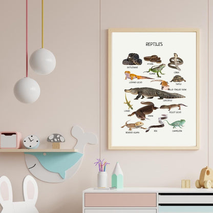 Reptiles Educational Poster, Montessori Printable Wall Art, Amphibians Poster, Classroom Decor, Nursery Room Decor, FRAME NOT INCLUDED