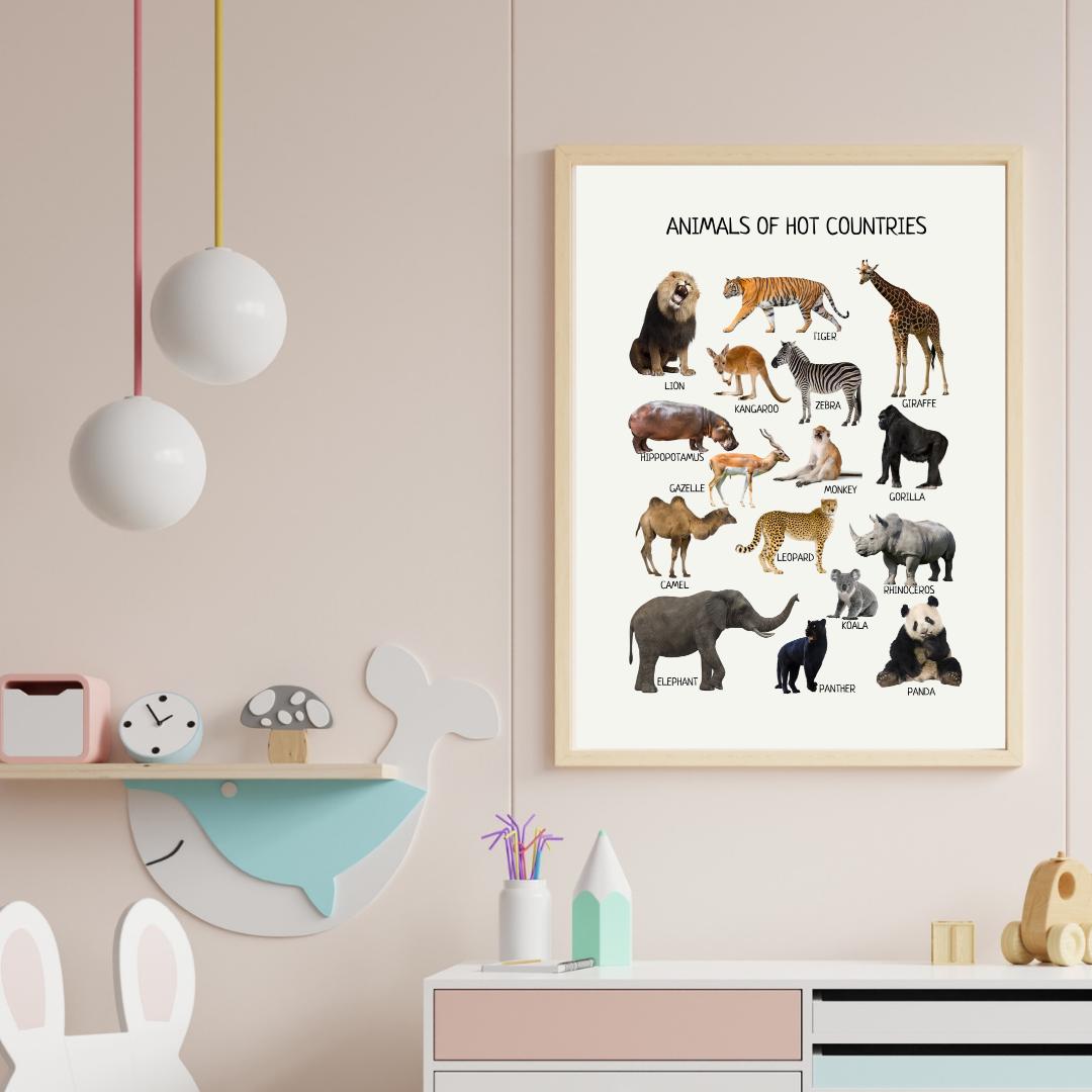 Animals of Hot Countries Poster, Wild Animals Poster, Educational Wall Art Poster, Classroom Decor