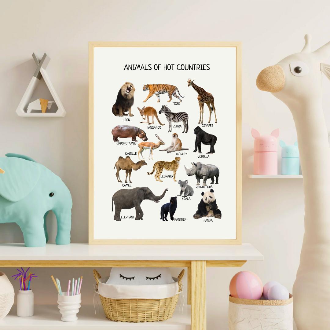 Animals of Hot Countries Poster, Wild Animals Poster, Educational Wall Art Poster, Classroom Decor