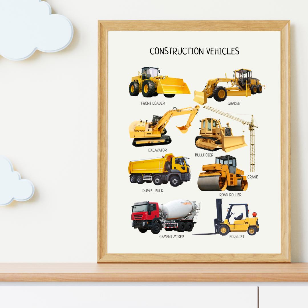 Construction Vehicles Montessori Poster, Transportation Poster, Educational Poster, Classroom Decor