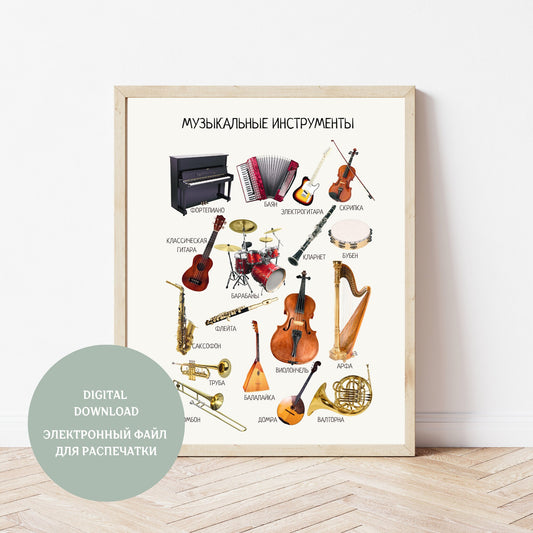 Обучающий плакат "Музыкальные инструменты" | Musical Instruments, Educational Poster in Russian, Montessori Printable Learning Poster