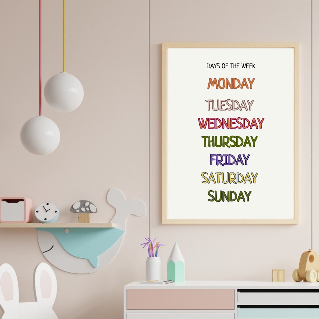 Days of the Week Poster, Montessori Kids Learning Poster, Educational Printable Wall Art