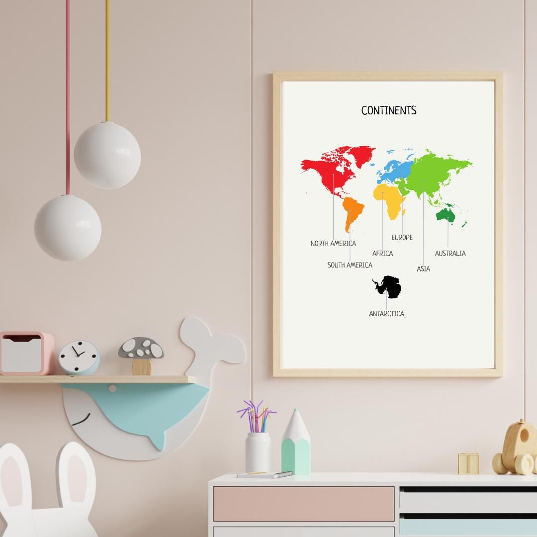 Kids Continents Poster, Montessori Colored Continent Map, Educational Printable Poster, Homeschool Material, Nursery Decor, Digital Download