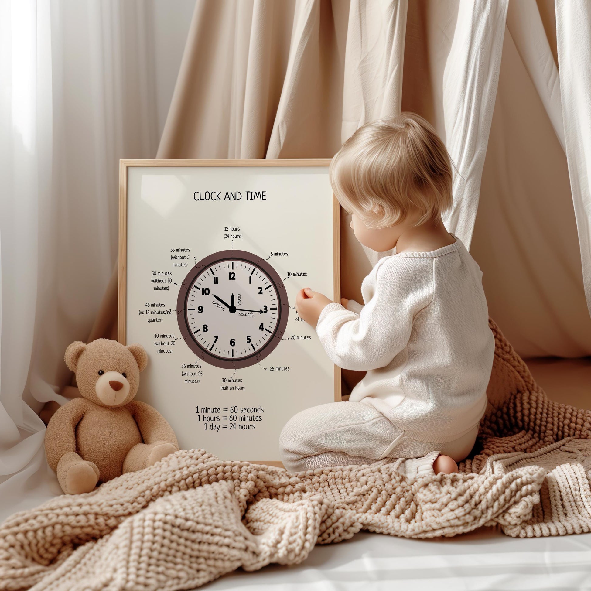 Telling The Time Poster, Time Educational Printables, Neutral Playroom Decor