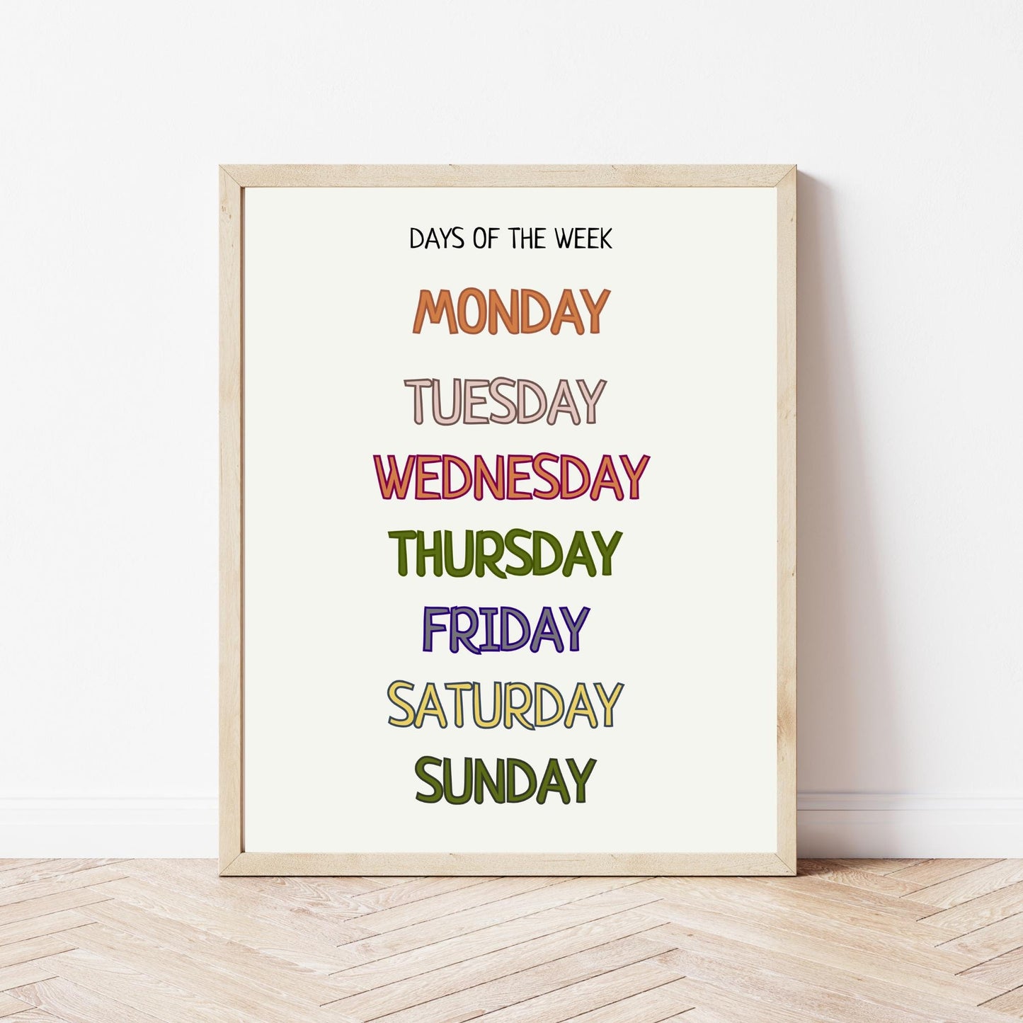 Days of The Week Educational Poster, Montessori Wall Art, Printable Poster, Classroom Decor