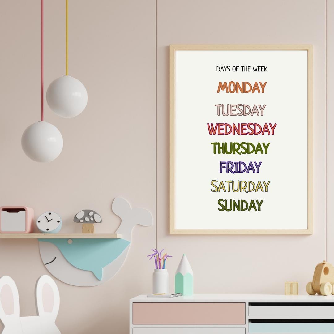 Days of The Week Educational Poster, Montessori Wall Art, Printable Poster, Classroom Decor