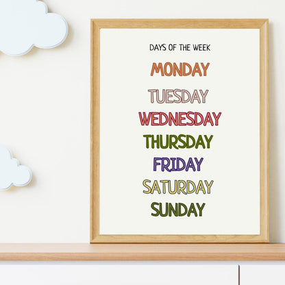 Days of The Week Educational Poster, Montessori Wall Art, Printable Poster, Classroom Decor