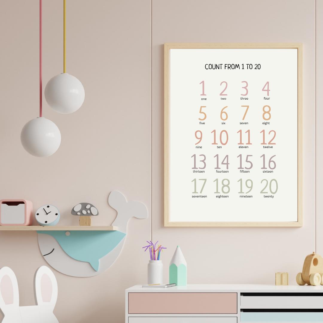 Count 1-20 Number Poster, Educational Montessori Wall Art, Printable Poster, Classroom Decor