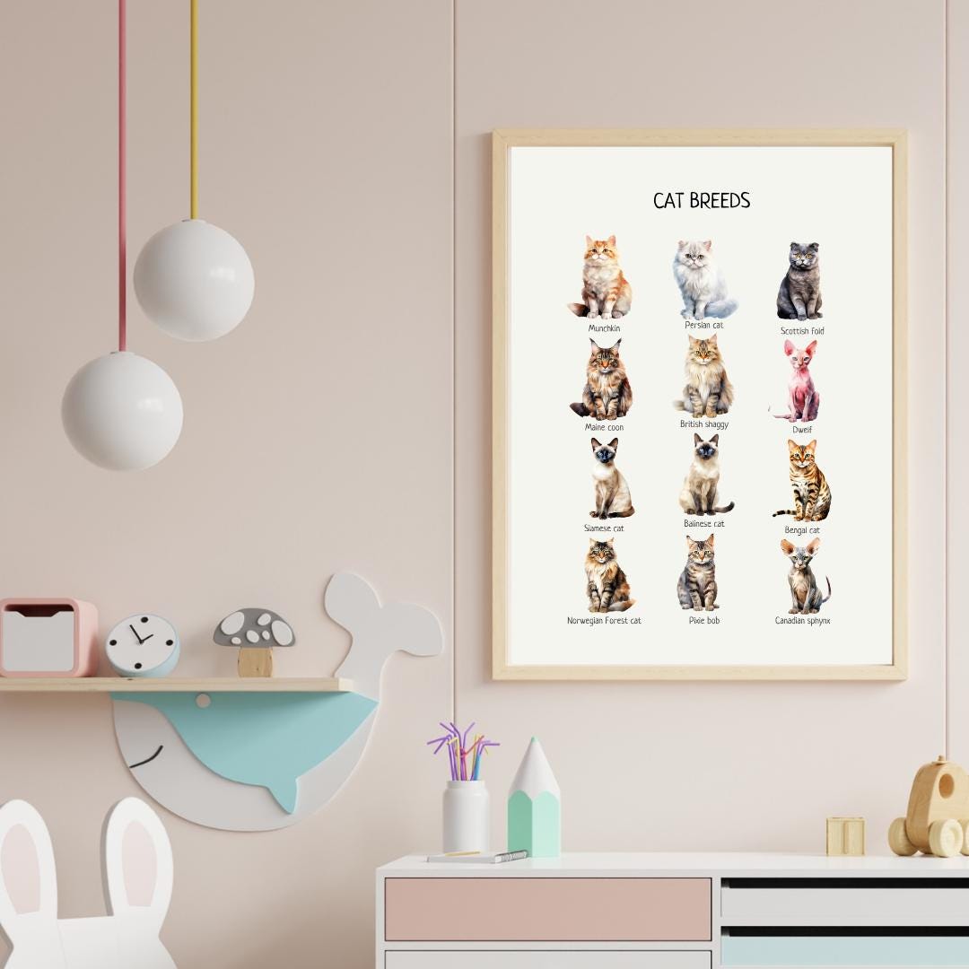 Cat Breeds Poster, Kids Educational Wall Art, Cat Breeds Print, Montessori Material, Classroom Decor