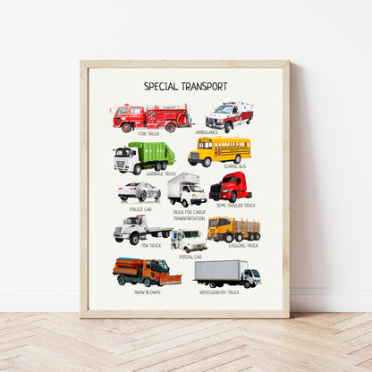 Special Transport Poster, Kids Vehicles Wall Art, Vehicles Print, Montessori Material, Classroom Decor