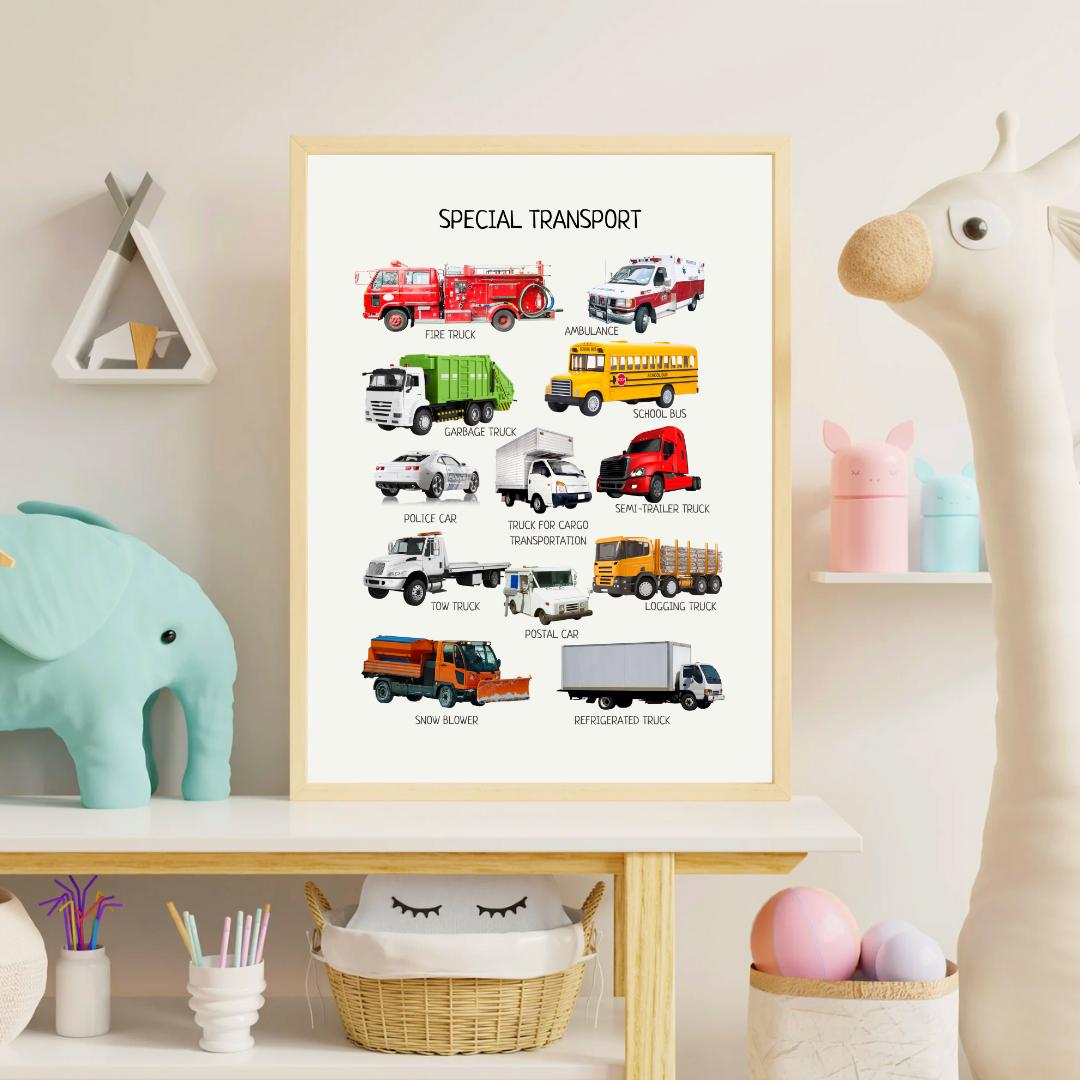 Special Transport Poster, Kids Vehicles Wall Art, Vehicles Print, Montessori Material, Classroom Decor