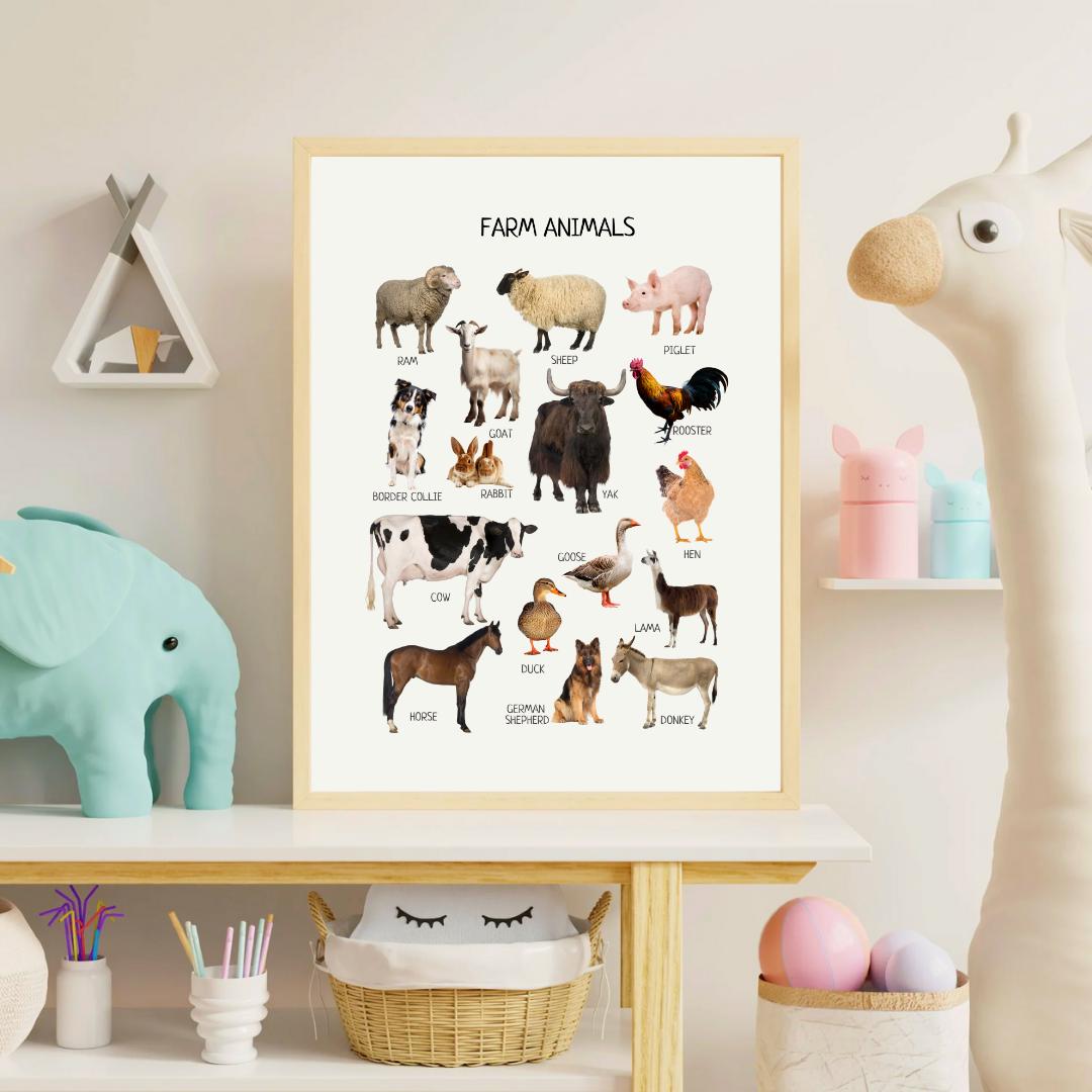 Farm Animals Educational Poster, Montessori Print, Domestic Animals, Classroom Decor