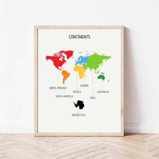 Continents of the World, Montessori Print, Continents Poster, Geography Poster, Classroom Decor