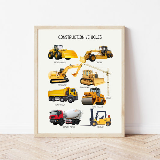 Construction Vehicles Montessori Poster, Transportation Poster, Educational Poster, Classroom Decor