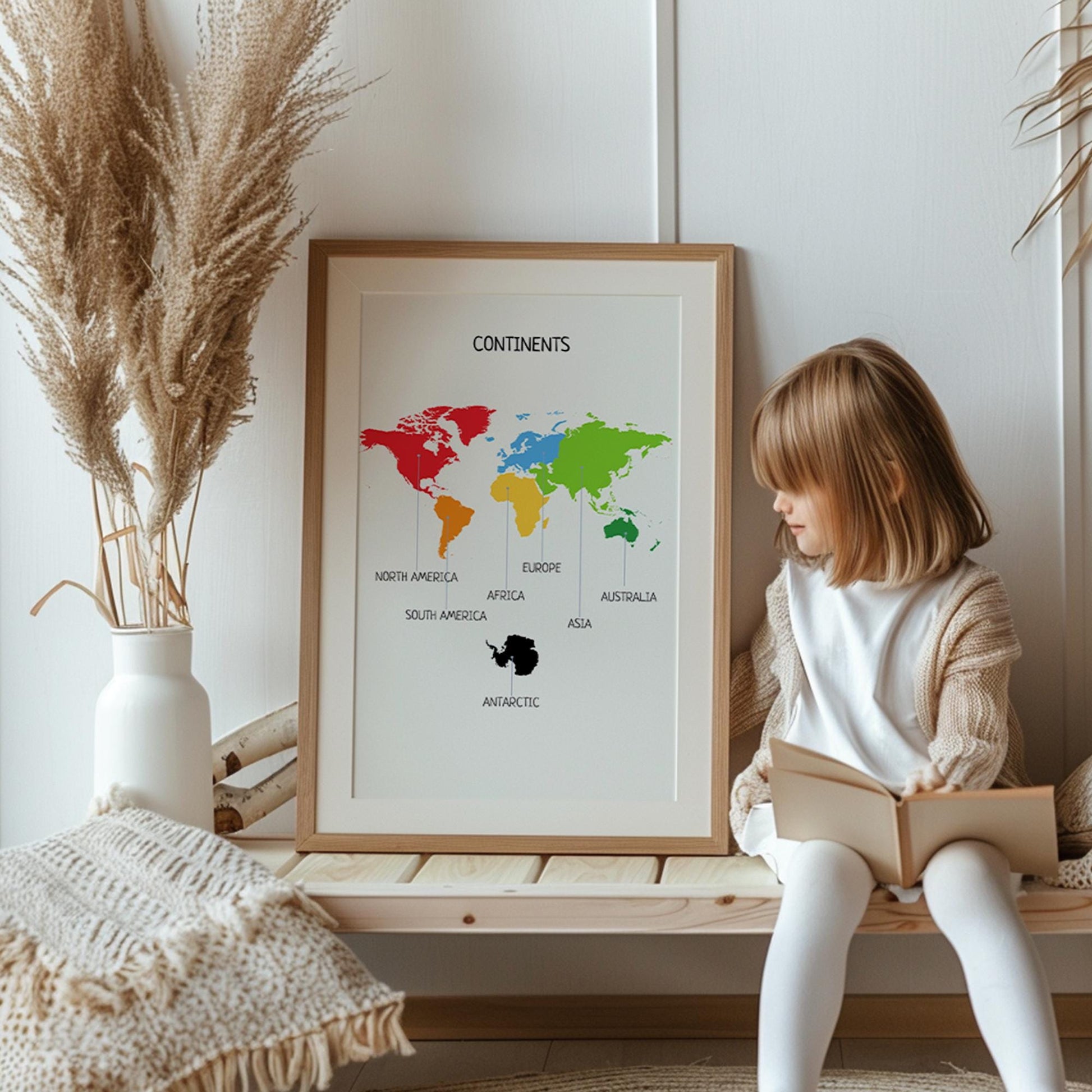 Kids Continents Poster, Montessori Colored Continent Map, Educational Printable Poster, Homeschool Material, Nursery Decor, Digital Download