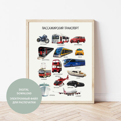 Обучающий плакат "Пассажирский транспорт" |Passenger Transport Vehicles, Educational Poster in Russian, Montessori Printable Learning Poster