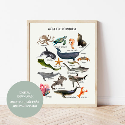 Обучающий плакат "Морские животные" | Marine Animals Educational Poster in Russian, Montessori Printable Learning Poster