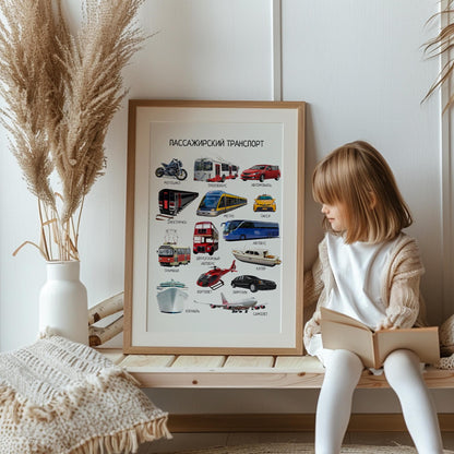 Обучающий плакат "Пассажирский транспорт" |Passenger Transport Vehicles, Educational Poster in Russian, Montessori Printable Learning Poster