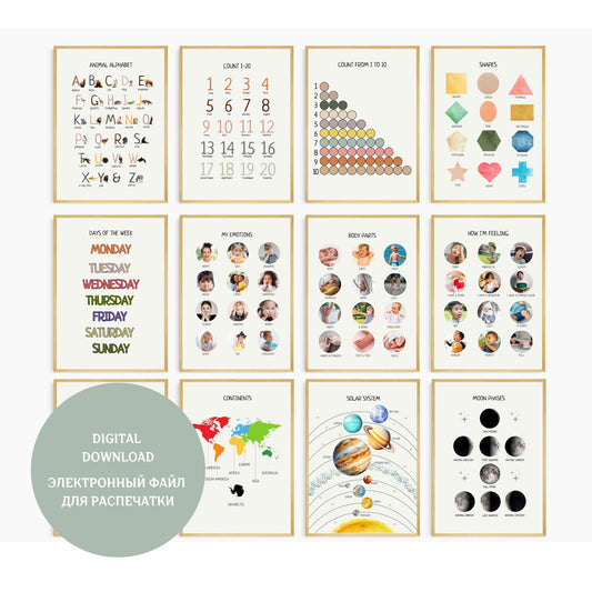 Educational Posters | 36 Homeschool Prints | Montessori Classroom Decor | Learning Posters | 36 Topics for Young Children & Preschoolers