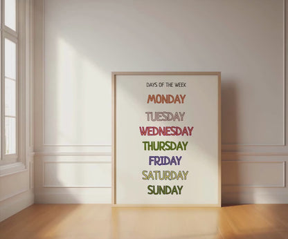 Days of the Week Poster, Montessori Kids Learning Poster, Educational Printable Wall Art, Classroom Decor, Nursery Decor, DIGITAL DOWNLOAD