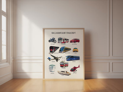 Обучающий плакат "Пассажирский транспорт" |Passenger Transport Vehicles, Educational Poster in Russian, Montessori Printable Learning Poster