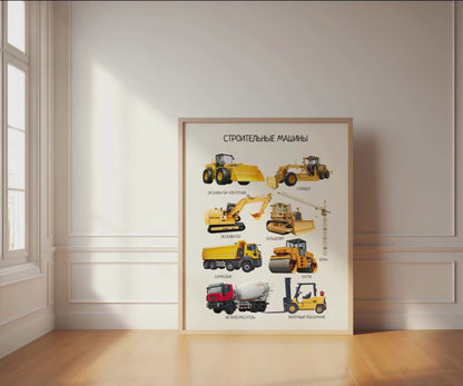 Обучающий плакат "Строительные машины" | Construction Vehicles, Educational Poster in Russian, Montessori Printable Learning Poster